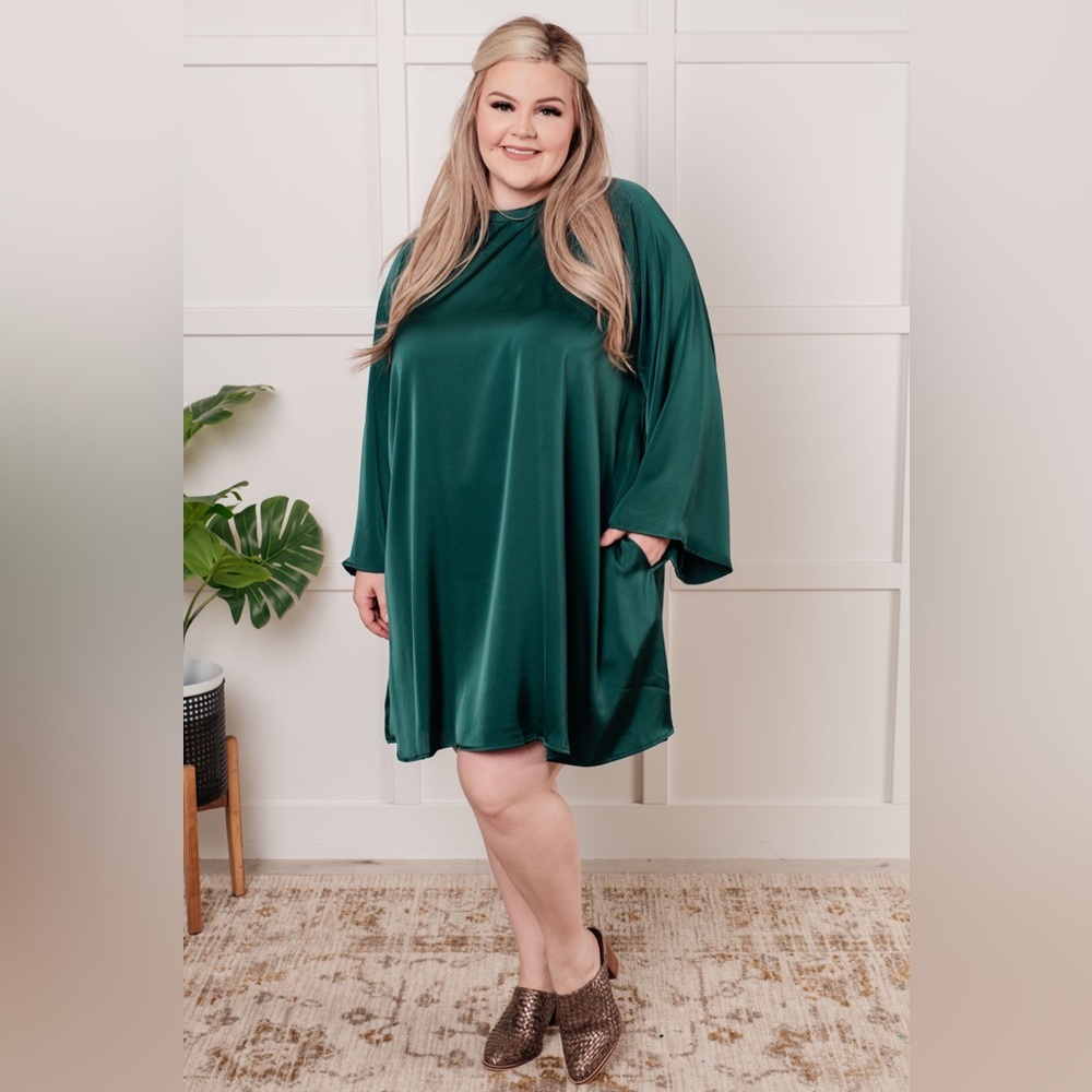 Emerald Green Flowy Swing Dress | Bell Sleeve Mock Neck Holiday Dress | Medium - Picture 3 of 7